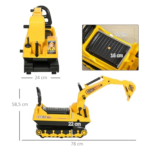 Miniatura 7 de Homcom Excavadora Sin Pedales Para Niños De 18-48 Meses Excavadora Correpasillos Camión De Construcción Con Asiento De Almacenamiento Pala Delantera Y Bocina Carga 30 Kg 78x24x58,5 Cm Amarillo