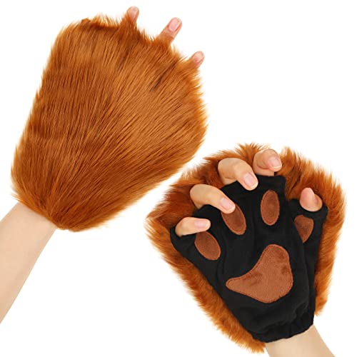 Hercicy Halloween Cosplay Animal Fingerless Fursuit Paws Furry Bear Cat Wolf Dog Gloves Costume Party Accessories for Adult (Brown)