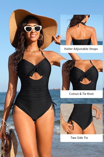 Image of Tempt Me Women Sexy Cutout One Piece Swimsuits Tummy Control High Waisted Halter Front Tie Knot Bathing Suit