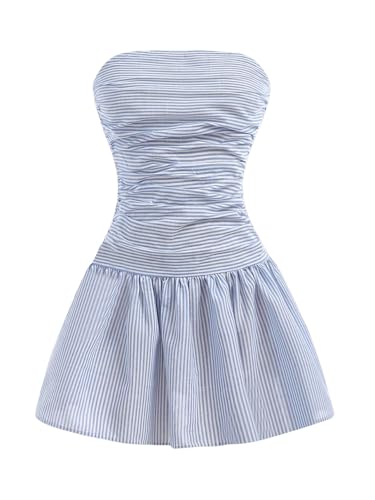 Milumia Girl's Striped Ruched Strapless Sleeveless Flared A Line Mini Tube Dresses