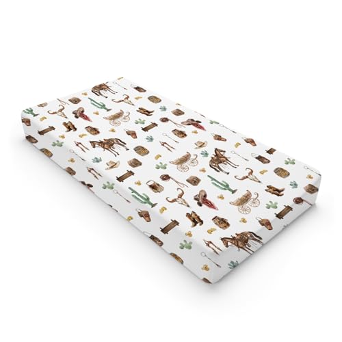 Image of Western Cowboy Changing Pad Covers Cowboy Hats Boots Coins Cactus Goat Skull Horse Diaper Changing Pad Table Sheets for Boys Soft Breathable Stretchy Baby Change Table Pad Mats Covers 32''x16''