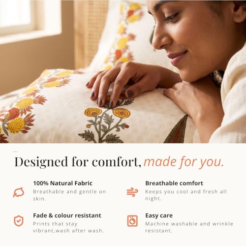 Image of Naksh Bedsheet for Double Bed King Size Floral Print 2 Pillow Covers | Marigold Botanical Bedsheet | Soft Breathable Floral Bedding Set, Ochre Orange | Royal Sajawat Collection |