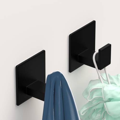Image of Adhesive Shower Hooks, Towel Hooks for Hanging Robe, Coat, Hat, Loofah, Heavy Duty Wall Hooks Stick on Bathroom, Kitchen and Office (2 Pack, Black)