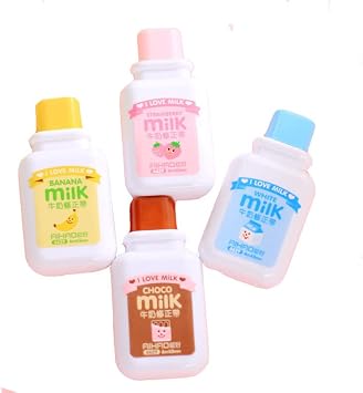 Brccee AC 4PCS Milk Bottle Correction tape Kawaii Cartoon Stationery Cute Students School Office Supplies Brown, Blue, Yellow, Pink - Delivery with Random Color
