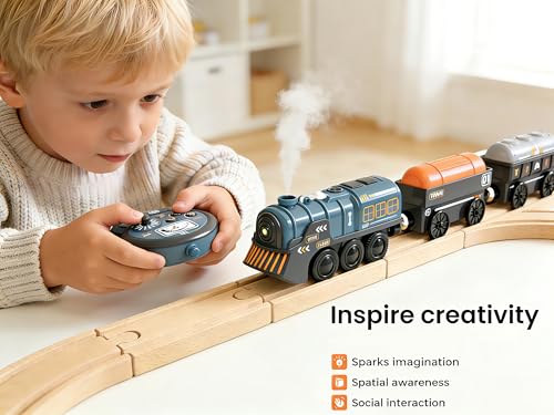 Image of Remote Control Steam Train for Wooden Tracks - RC Train Set with Realistic Smoke, Lights & Sound, Motorized Toy Train Compatible with Thomas & Friends, Brio, for Kids Ages 3-8