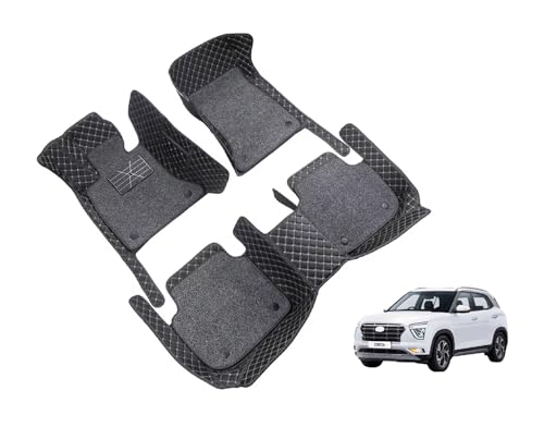 Image of Auto Hub 7D Car Floor Mats Compatible with Hyundai Creta (Model - 2020-2023), Leatherette, 100% Waterproof & Washable, Creta Car 7D Floor Mat, Black