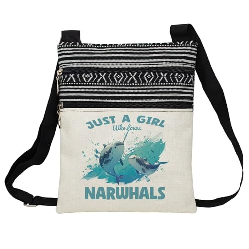 Just Love Narwhals Messenger Bag Small Ethnic Pattern Printed Adjustable Strap Crossbody Zipper Bag Phone Bag Wallet Cute Shoulder Handbag for Narwhal Lovers Women Friends