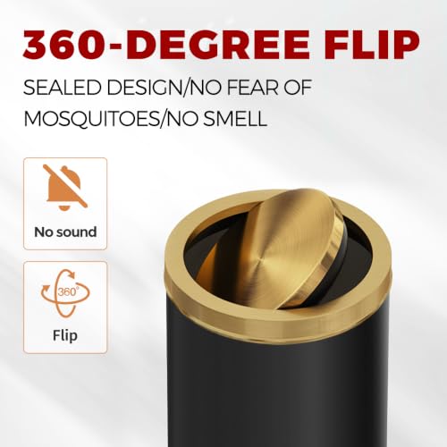 Image of 30L /8GAL Gold Brass Kitchen Trash Can,Tall Commercial Garbage Can with FILP Lid,Black and Gold Trash Can for Kitchen,Shopping mall,Elevator gate,Airport, Hotel,Commercial (Black)