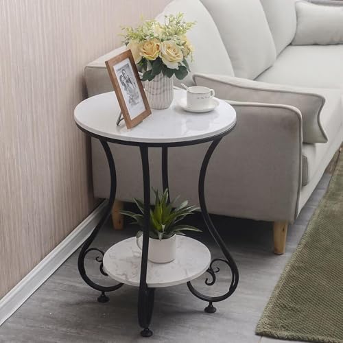 Image of Modern Double-Top Coffee Table with Rustic Farmhouse Accent, Multipurpose Living Room Bedroom, Two-Tier Small Sofa Side Bedside Table with Metal Frame Nightstand (Black White)