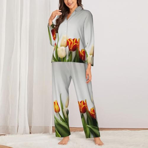 Ensemble pyjama haut de gamme imprimé tulipes finitions soignées