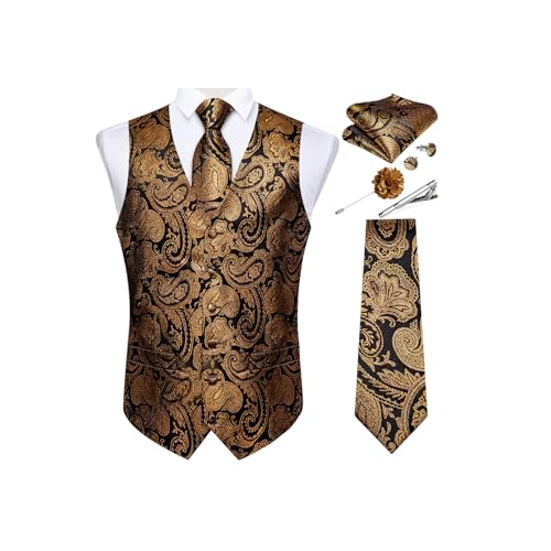 Image of DiBanGu Mens Vest and Tie Set Formal Paisley Waistcoat and Necktie Pocket Square Cufflinks Silk Suit Vest for Tuxedo Wedding