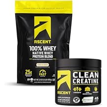 Ascent 100% Whey Protein Powder, Vanilla Bean 2 lb & Creatine Monohydrate Powder, Unflavored 45 Servings