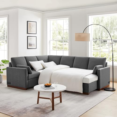 Image of Serta Emmett 110.2 inch Convertible Sleeper Sectional, Queen Size, Dreamcoil Comfort, Reversible Storage Chaise, USB-C and USB-A Power Ports, Woven Fabric, Charcoal