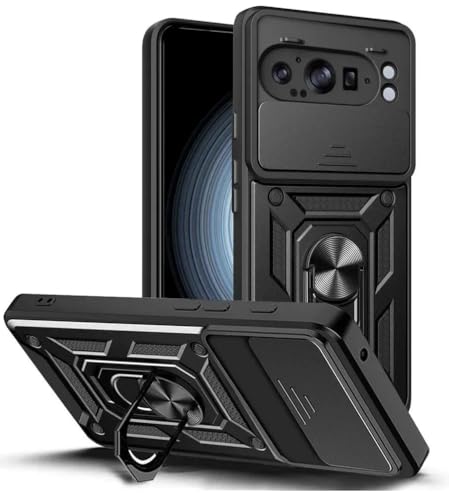 Image of Spazy Case Google Pixel 9 /9 Pro Back Cover | Heavy Duty Hybrid Case with 360 Degree Rotating Finger Ring Holder + Slider Shutter Camera Protection Case for Google Pixel 9 5G / 9 Pro - Black