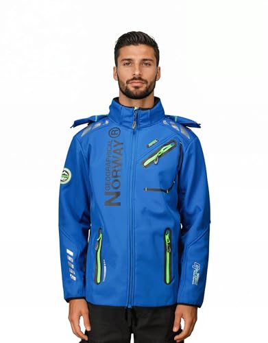 Geographical Norway Chaqueta Softshell Hombre Royaudb Dsitribrands Production Impermeable Cortaviento con Capucha para Exterior Rutas Senderismo Esquí Invierno Otoño Primavera (Azul Real Verde XL)