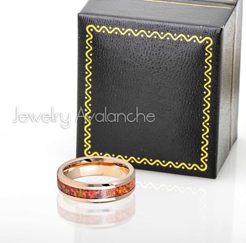 Rose Gold IP 6mm Beveled Edge Synthetic Red Fire Opal Inlay Wedding Band Comfort Fit - Womens Tungsten Carbide Ring2