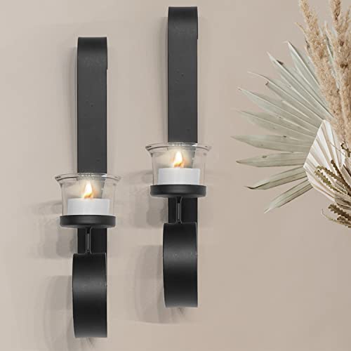 Art Maison Black Wall Sconce Candle Holder, Glass & Metal Wall Decor For Living Room, House Sconce 2"X12", Hanging Candle Sconces Wall Decor Set Of 2 #TOP24