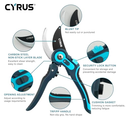 CYRUS Adjustable Labor-Saving Pruning Shears - 8 Inch Bypass Garden Shears with 2 Adjustable Jaw Openings, Heavy Duty Rust-Resistant Garden Pruners for Plant Trimming and Flower Cutting — view 3