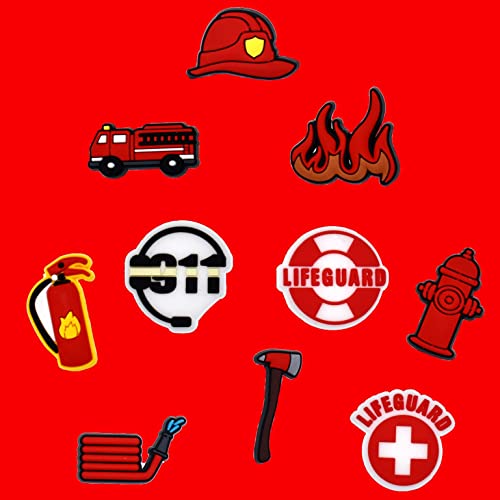 10pcs Fire Control Theme Shoe Charms Decoration PVC Cute Fire Hat Fireman's Saxe Hydrant Extinguisher Fire Truck Different Shapes PVC for Shoe Ornaments Clog Sandals Men Women Gifts
