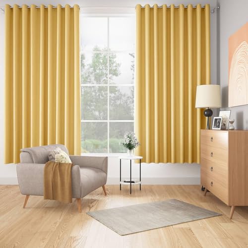 Image of Wakefit Solid Blackout Door Curtains 7 Feet | Set of 2 | Upto 80% Room Darkening Faux Silk Drapes | Thermal Insulated & Noise Reducing Curtains for Living Room & Home Dcor | Bishop Yellow