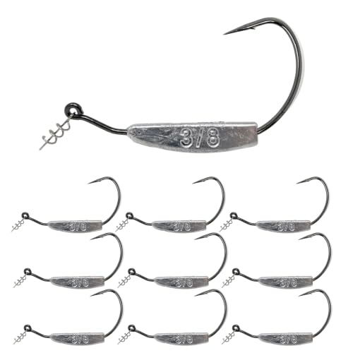 Reaction Tackle Weighted Swimbait Hooks - Weedless Belly Weighted Hooks with Twist Lock Bait Keeper for Soft Plastic Swimbaits - Bass Fishing Hooks - 3/8oz 8/0 (10-Pack)