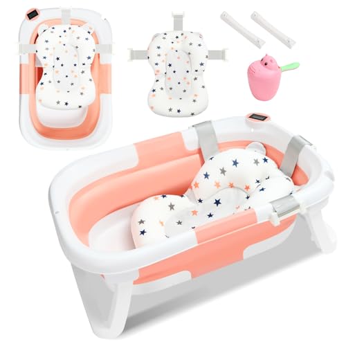 Hebitod Bañera doble plegable rosa estable para bebés plegable con cojín de baño, pies antideslizantes y tapón de temperatura, ahorra espacio, práctico