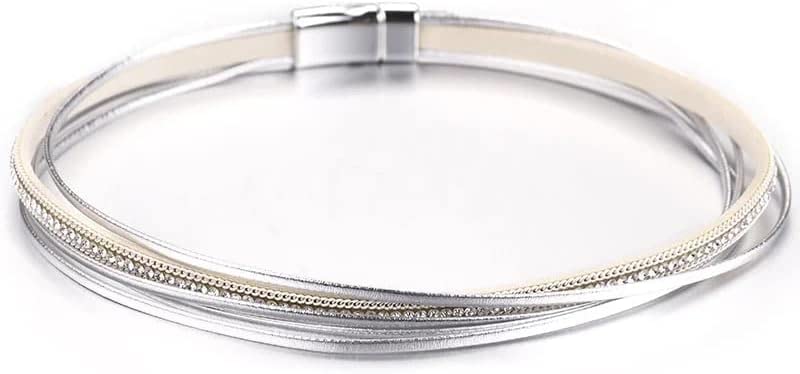 Pulseras de Cuero Multicapa Mujer Broche Cristal Bohemio Pulsera de Doble Envoltura (Color : Black)