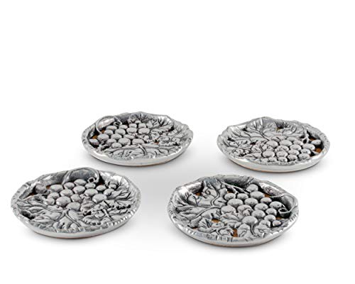 Arthur Court Aluminum Grape Wine Drink Coasters For Home Counters, Kitchen, Dining , Living Room, Patio, Coffee Table, Metal Holder Cork Padding Set Of 4 Stackable 4 Inch Diameter #TOP1