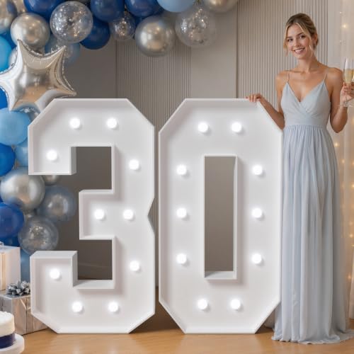 Image of JoyMuse 4FT 30 Marquee Numbers, Large Light Up Numbers 30 for 30th Birthday Decorations Cool White Light Number 30 for Anniversary Birthday Party Decor