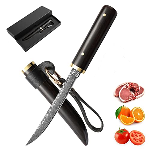 Hochwertiges Damaststahlmesser, handgefertigtes geschmiedetes Kochmesser, Obstmesser, Gemüsemesser, Fleischerbeil mit Scheide und Umhängeband, Küchenmesser for Zuhause, Restaurant, Camping Cover