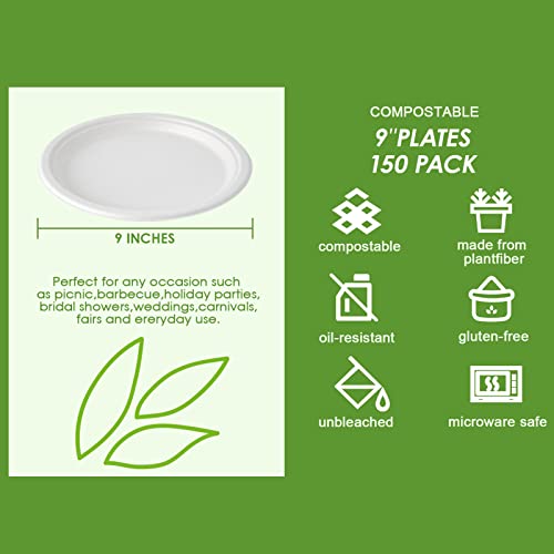 Vplus 150 Pack Paper Plates 9 inch 100% Compostable, Heavy-Duty Disposable Paper Plates Bagasse Natural Biodegradable Eco-Friendly Sugarcane(White)