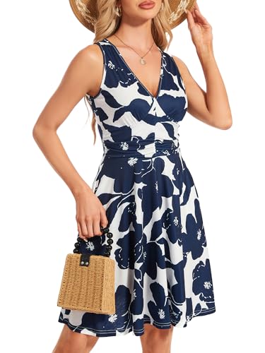 Image of Women's Spring Floral Sundress Sexy V Neck Sleeveless Ruffle Flowy Tank Short Summer Dress with Pockets