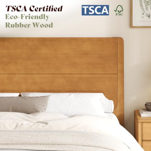 Image of AMERLIFE Solid Wood King Bed Frame with Headboard, Japanese Joinery, Brown