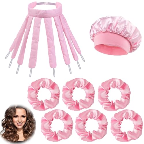 8Pcs Octopus Heatless Curler Set Overnight Heatless Curls for Long Hair Soft Sleeping Ribbon Hair Rollers with Nightcap and Hairbands DIY No Heat Styling Tools for Home Travel