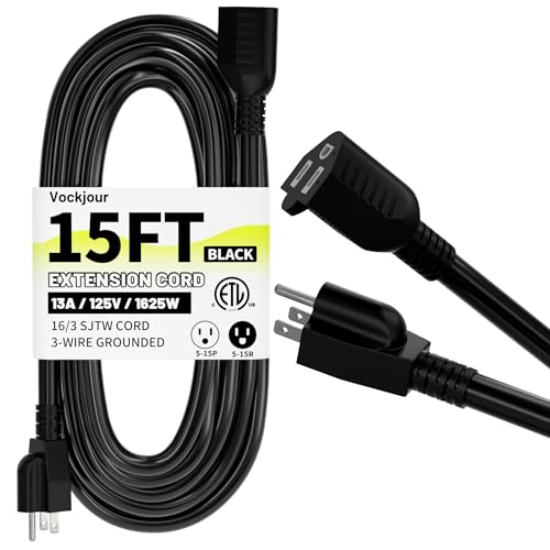 15 Ft 13A 1625W 16AWG Black Indoor Outdoor Extension Cord Waterproof, Extension Cord with 3 Prong Grounded Plug, Flexible Weatherproof Power Cable, SJTW
