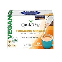 QuikTea Instant Vegan Turmeric Ginger Chai Tea Latte 10 Count, earthy turmeric glow with zesty ginger warmth, low Caffeine, No artificial colors, flavors, preservatives Just Add Hot Water, Kosher