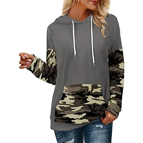 Reokoou Women s Hoodies Tops Camouflage Printed Sweatshirt Long Sleeve Pullover Drawstring Blouses with Pockets
