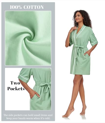 Image of ANLIQI Womens 100% Cotton Robes Lightweight Summer Short Sleeve Lady Bathrobe Knee Length Kimono Robe Sleepwear with Pockets