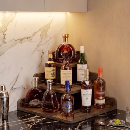 Giklux Corner Wine Rack Countertop, 3 Tier Liquor Bottle Display Shelf for Whiskey, Bourbon, Spirits, Mini Bar Shelf Organizer for Kitchen Counter, Home Bar, Coffee Syrup Rack Stand, Rustic Brown