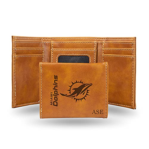 Rico Industries NFL Football Miami Dolphins Brown Personalized-Custom Laser Engraved Faux Leather Tri-fold Wallet - Slim Wallet