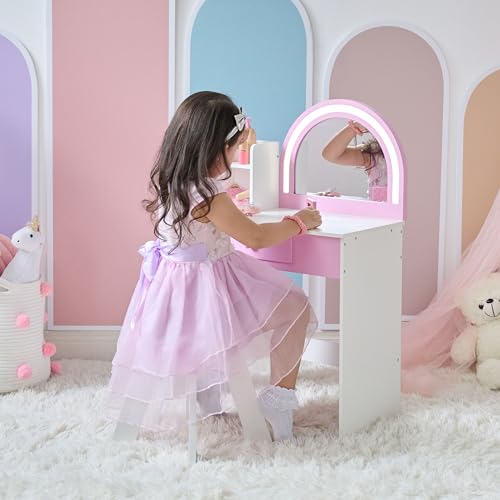 Image of Teamson Kids Rose Shine Play Vanity Set, White /Pink, Ages 3+ | Built-in LED Strip Lights, Touch Sensor Mirror, 2-in-1 Vanity & Desk, Modern Pretend Makeup Table, Includes Stool