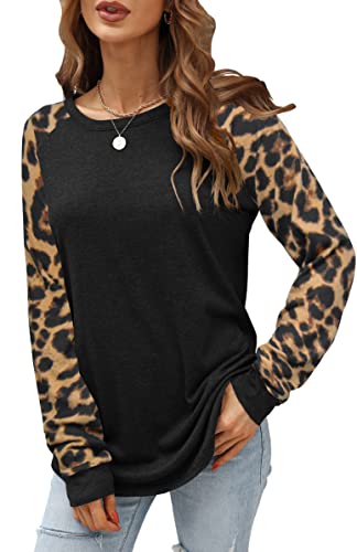 Aifer Leopard Print Tops for Women,Fall Fashion Black Long Sleeve Shirt