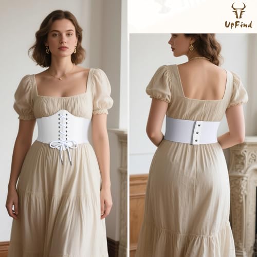 Women Elastic Wide Corset Belt Vintage Lace-up Tied Waspie Corset Waist Belts for Halloween Renaissance Punk Costume, White, Fit waist size 42''-46''2