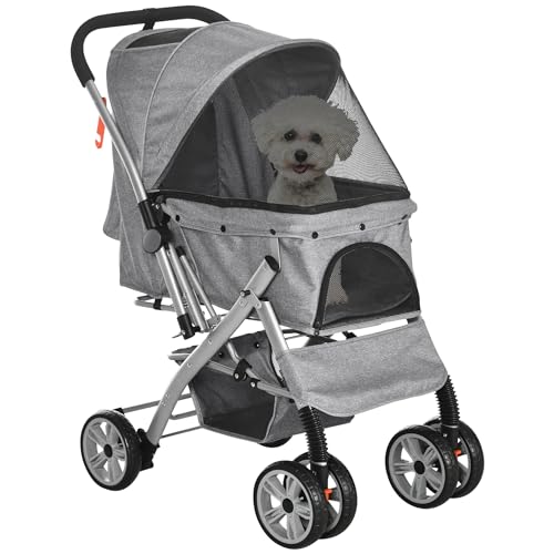 PawHut Poussette buggy pliable chien chat panier et sac de rangement attaches sécurité housse réglable acier Oxford gris chiné noir