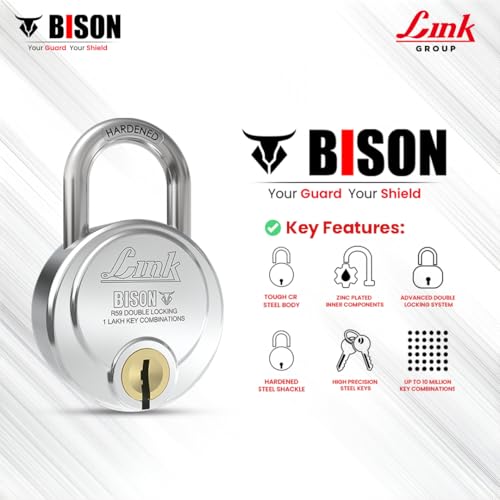 Image of Link Bison 59mm Heavy Duty Padlock | Lock for Home Door, Office, Shop, Travel | Hardened Steel Shackle, | Double Locking System | High Precision 4 Keys | 1 Lakh Key Combinations | 10 Years Warranty
