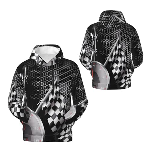 Men's Fleece Pullover Hoodies, Checkered Flag Racing Printed Casual Drawstring Hooded Sweatshirts3
