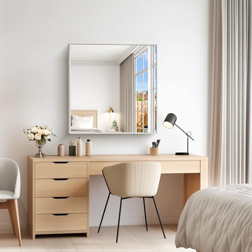 Image of COFENY Silver Bathroom Mirror for Wall, 30x30 Inch Square Mirrors with Metal Frame, Modern Vanity Wall Mirror Decor for Bathroom Sink, Living Room, Entryway Hangs Horizontal or Vertical