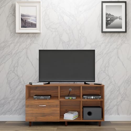 Image of VIKI Modern TV Unit for Living Room | Engineered Wood TV Cabinet with 1 Drawer Storage & 3 Open Shelves, Set Top Box Stand, Entertainment Unit, 140W x 74H x 40D cm | DIY | 1 Year Warranty (Walnut)