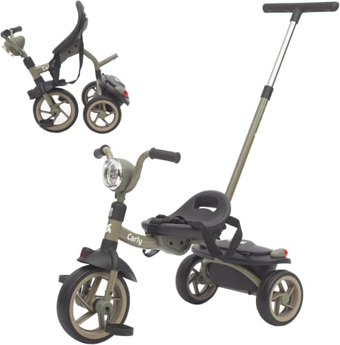 Twinly Triciclo Evolutivo bebé Plegable para niños 1-5 Años - Triciclo Infantil Ligero y Compacto - Manillar con Luz y Sonido, Cesta y Barra de Empuje Ajustable Carly (Verde)