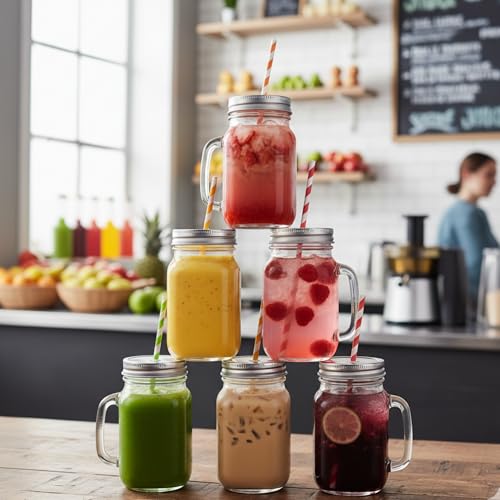 Image of Aesthetic Mason Glass Jars (Pack of 2) with Straw & Multicolour Checked Lid 450 ml - Classy Mug for Juice, Smoothies, Shakes, Coffee & Mocktails |Reusable Glass Jars for Kitchen, Party & Gifting